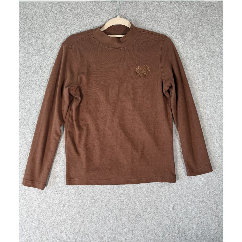 Blair Women's Mock Neck Top Long Sleeve Embroidered Small Brown Cotton Blend